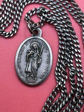 Vintage Saint Scholastica Catholic Religious Medal Necklace